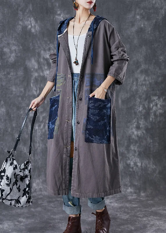 Elegant evening wear for special events Stylish Grey Hooded Patchwork Cotton Coat Outwear Fall Elegant evening wear for special events Stylish Grey Hooded Patchwork Cotton Coat Outwear Fall