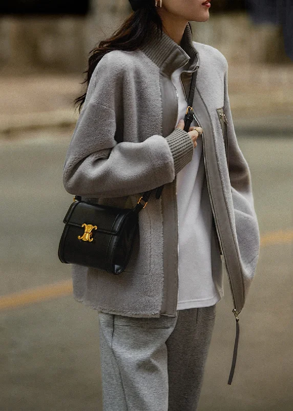 Trendy women’s clothing with a modern twist Stylish Grey Oversized PU Patchwork Wool Coat Fall Trendy women’s clothing with a modern twist Stylish Grey Oversized PU Patchwork Wool Coat Fall