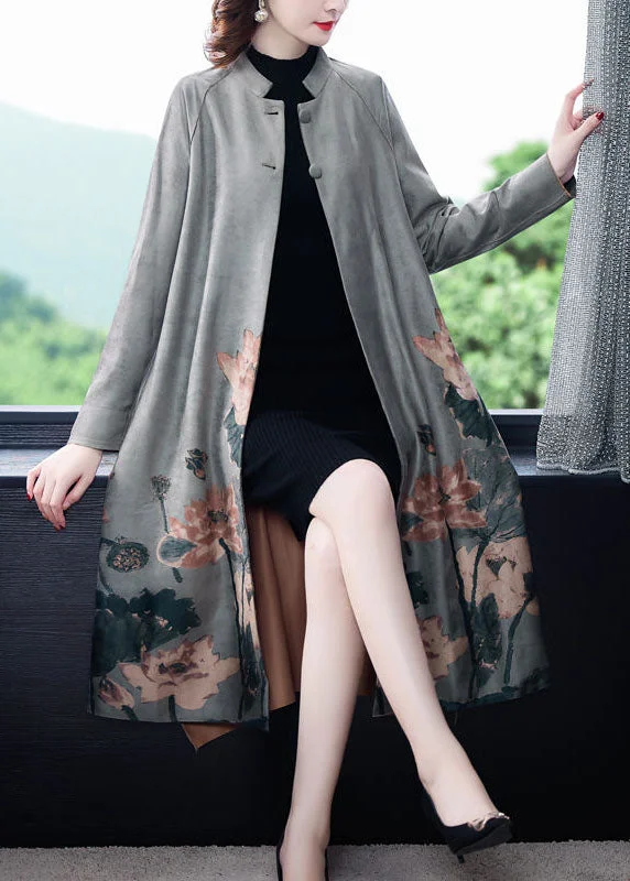 Versatile fashion for every type of woman Stylish Grey Stand Collar Oversized Print Faux Suede Coat Long Sleeve Versatile fashion for every type of woman Stylish Grey Stand Collar Oversized Print Faux Suede Coat Long Sleeve