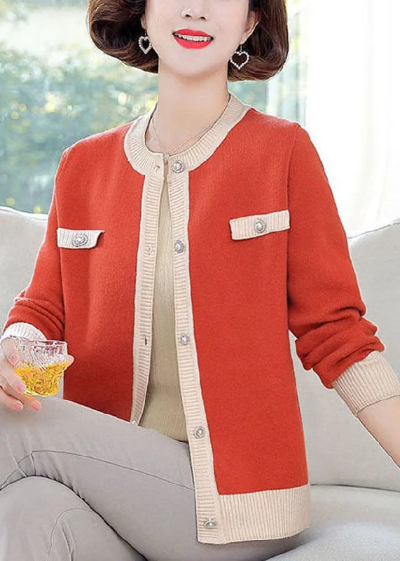 Soft, breathable fabrics for fashionable women Stylish Orange O-Neck Patchwork Pearl Button Knit Jackets Long Sleeve Soft, breathable fabrics for fashionable women Stylish Orange O-Neck Patchwork Pearl Button Knit Jackets Long Sleeve