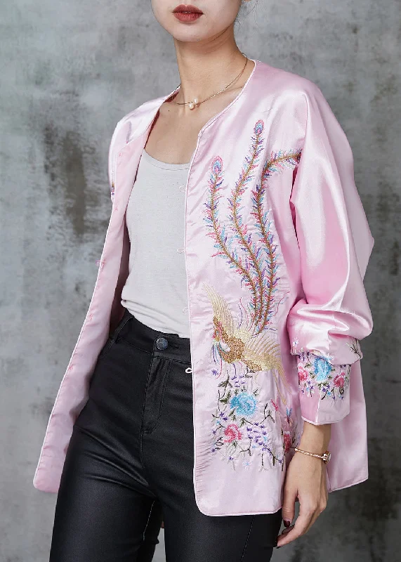 Essential women’s clothing for every season Stylish Pink Embroidered Pockets Silk Jacket Spring Essential women’s clothing for every season Stylish Pink Embroidered Pockets Silk Jacket Spring