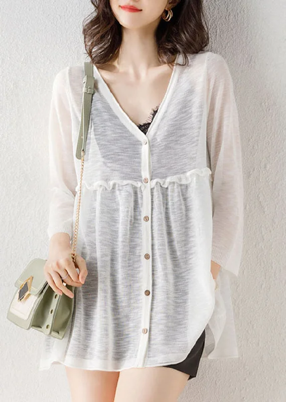 A perfect wardrobe for fashionable women Stylish White V Neck Button Patchwork Knit Cardigan Bracelet Sleeve A perfect wardrobe for fashionable women Stylish White V Neck Button Patchwork Knit Cardigan Bracelet Sleeve