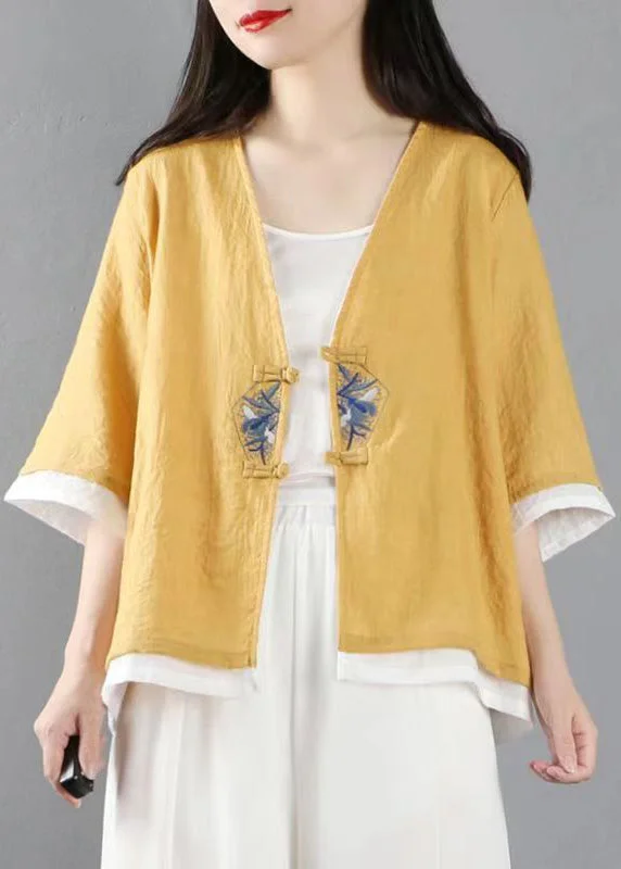Fashion-forward women’s clothing on a budget Stylish Yellow Embroideried Patchwork Cotton Tops Coats Summer Fashion-forward women’s clothing on a budget Stylish Yellow Embroideried Patchwork Cotton Tops Coats Summer