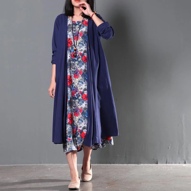 Classic pieces for a timeless wardrobe Two pieces Navy coat cardigan and floral sundress summer linen clothing Classic pieces for a timeless wardrobe Two pieces Navy coat cardigan and floral sundress summer linen clothing