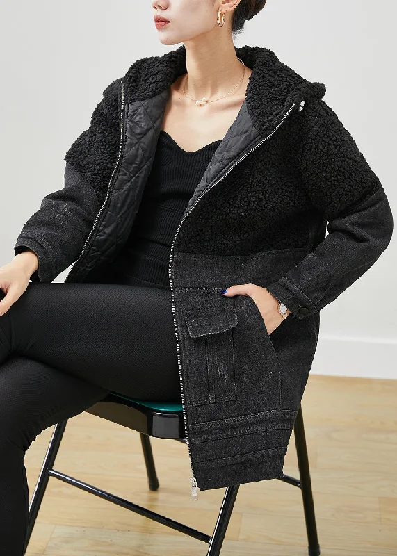 Bold and sophisticated looks for every woman Unique Black Hooded Patchwork Woolen Denim Fine Cotton Filled Jackets Winter Bold and sophisticated looks for every woman Unique Black Hooded Patchwork Woolen Denim Fine Cotton Filled Jackets Winter
