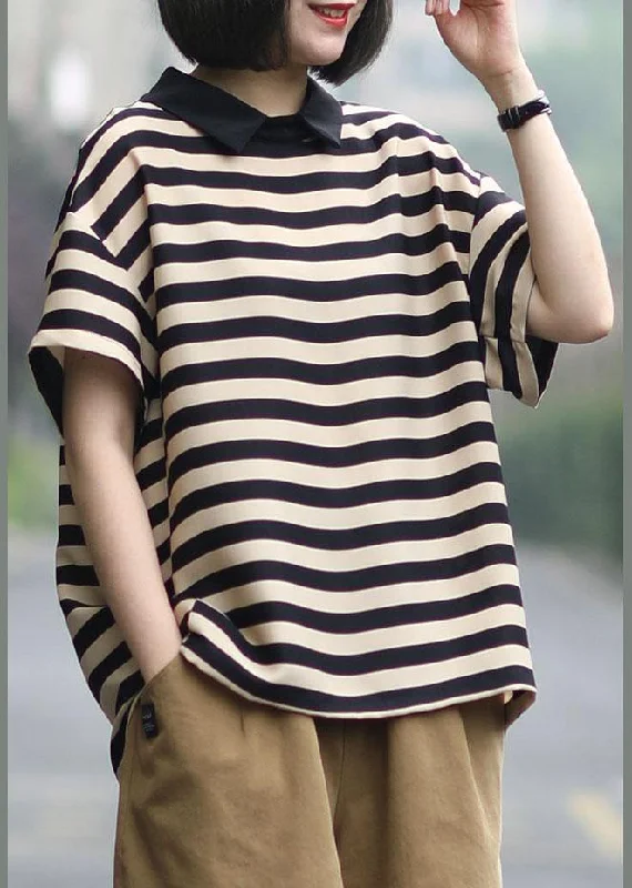 Confidence-boosting clothing for women Unique Black Nude Striped Turn-down Collar Summer Blouses Short Confidence-boosting clothing for women Unique Black Nude Striped Turn-down Collar Summer Blouses Short