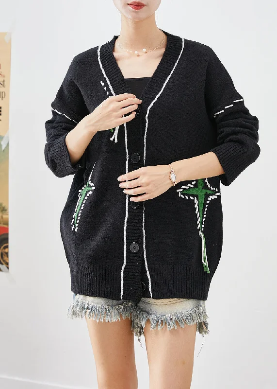 Cozy women’s clothing for the colder months   Unique Black Oversized Jacquard Knit Cardigan Fall