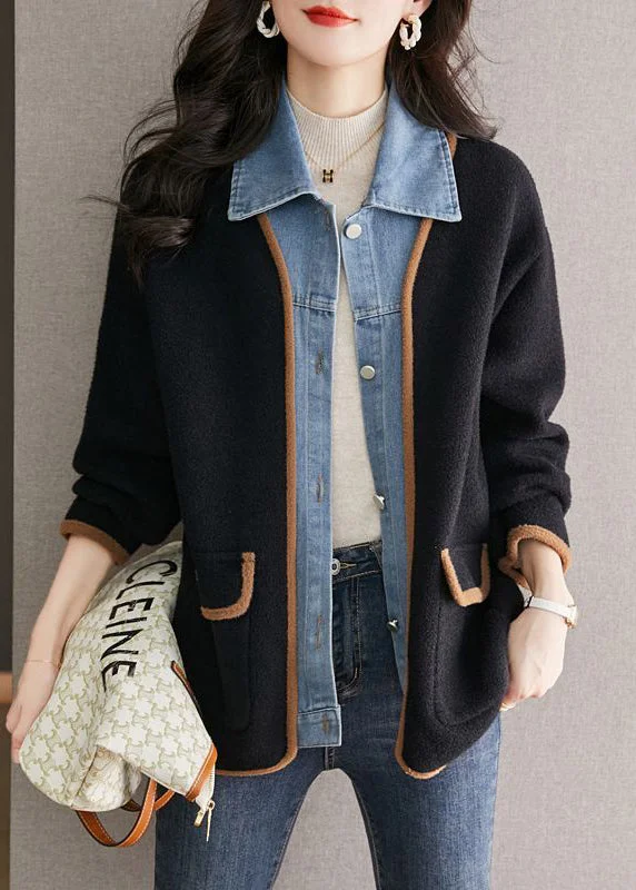 Fashionable, yet affordable women’s apparel Unique Black Peter Pan Collar Denim Patchwork Woolen Fake Two Piece Coat Fall Fashionable, yet affordable women’s apparel Unique Black Peter Pan Collar Denim Patchwork Woolen Fake Two Piece Coat Fall