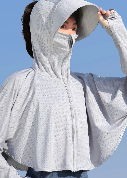 Elegant casual clothing for modern women Unique Grey Hooded Zippered Patchwork Ice Silk UPF 50+ Coat Summer Elegant casual clothing for modern women Unique Grey Hooded Zippered Patchwork Ice Silk UPF 50+ Coat Summer