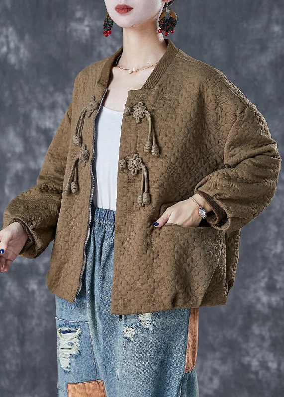 Feminine and fashionable clothing for every wardrobe Unique Khaki Tasseled Jacquard Cotton Jacket Fall Feminine and fashionable clothing for every wardrobe Unique Khaki Tasseled Jacquard Cotton Jacket Fall