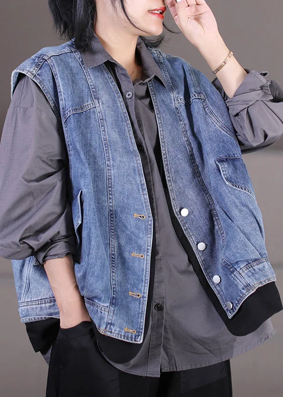Fashion-forward women’s clothing on a budget Unique Light Blue V Neck Patchwork Pockets Fake Two Pieces Denim Waistcoat Sleeveless Fashion-forward women’s clothing on a budget Unique Light Blue V Neck Patchwork Pockets Fake Two Pieces Denim Waistcoat Sleeveless