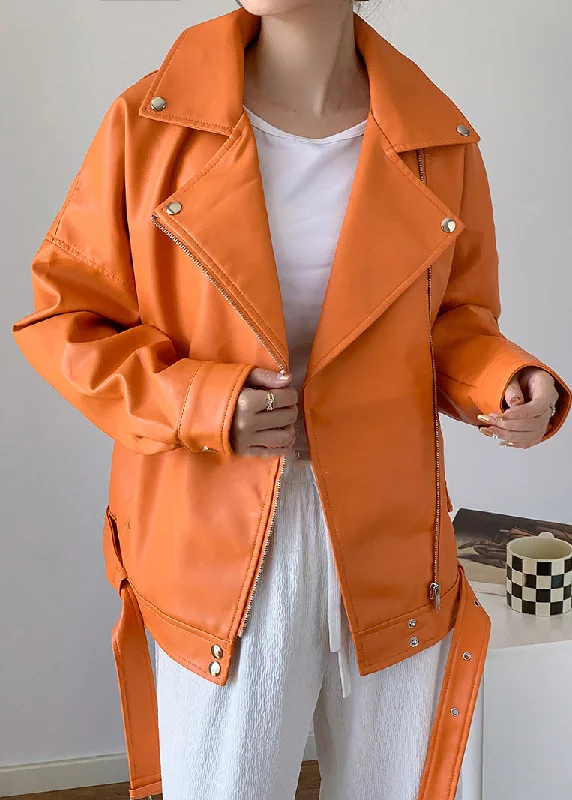 Bold and beautiful clothing for every woman Unique Orange Peter Pan Collar Zippered Patchwork Faux Leather Jacket Fall Bold and beautiful clothing for every woman Unique Orange Peter Pan Collar Zippered Patchwork Faux Leather Jacket Fall
