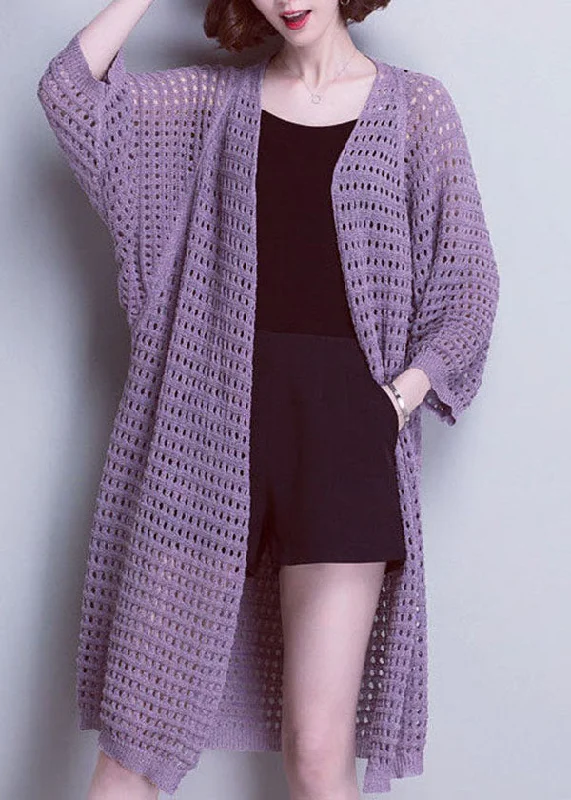 A perfect wardrobe for fashionable women Unique Purple V Neck Hollow Out Patchwork Knit Cardigans Summer A perfect wardrobe for fashionable women Unique Purple V Neck Hollow Out Patchwork Knit Cardigans Summer