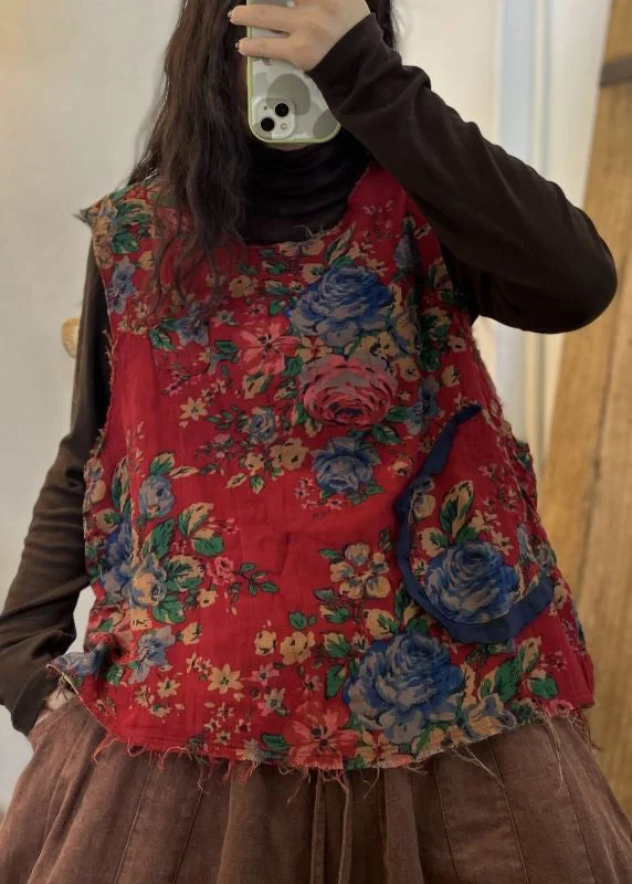 Elegant evening wear for special events Unique Red O Neck Print Patchwork Cotton Waistcoat Sleeveless Elegant evening wear for special events Unique Red O Neck Print Patchwork Cotton Waistcoat Sleeveless