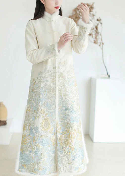 Chic for every occasion and style Unique White Jacquard Patchwork Mink Hair Fine Cotton Filled Trench Coat Winter Chic for every occasion and style Unique White Jacquard Patchwork Mink Hair Fine Cotton Filled Trench Coat Winter