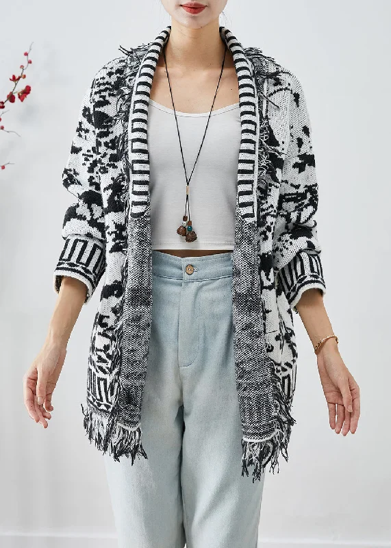 Summer-ready fashion for stylish women   Unique White Tasseled Jacquard Knit Cardigan Fall