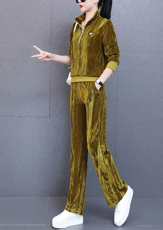 Casual yet chic women’s outfits for work or play Unique Yellow Stand Collar Silk Velour Coats And Wide Leg Pants Two Piece Set Fall Casual yet chic women’s outfits for work or play Unique Yellow Stand Collar Silk Velour Coats And Wide Leg Pants Two Piece Set Fall