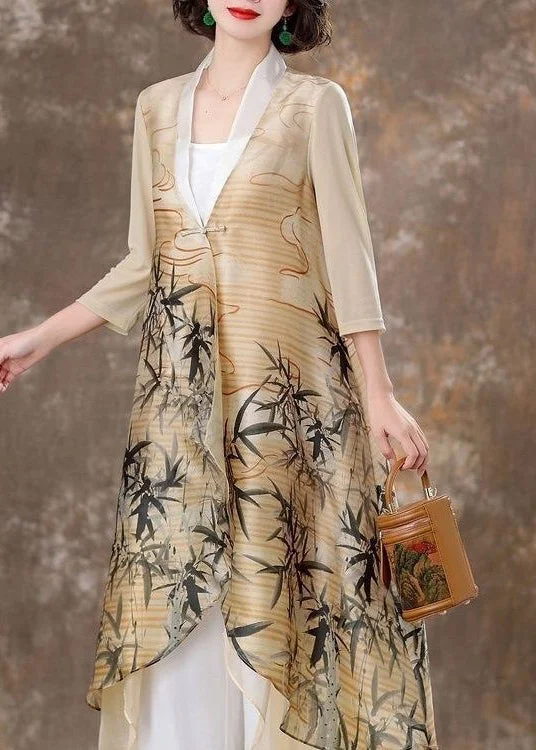 Statement pieces for the confident woman Vintage Apricot Asymmetrical Print Chinese Button Silk Cardigan Fall Statement pieces for the confident woman Vintage Apricot Asymmetrical Print Chinese Button Silk Cardigan Fall