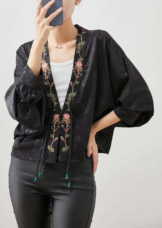 Affordable stylish women’s fashion collection Vintage Black Embroideried Tasseled Silk Cardigan Spring Affordable stylish women’s fashion collection Vintage Black Embroideried Tasseled Silk Cardigan Spring