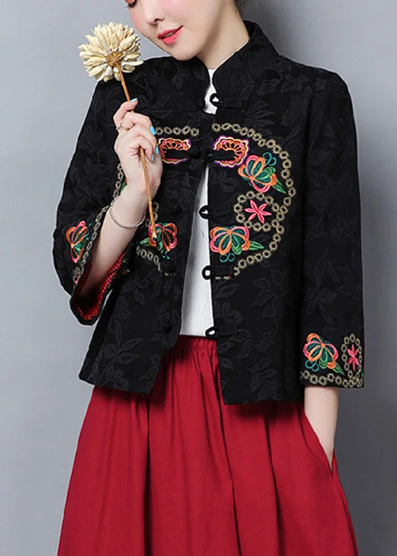 Fashion-forward styles that make a statement Vintage Black Mandarin Collar Embroideried Jacquard Cotton Coats Bracelet Sleeve Fashion-forward styles that make a statement Vintage Black Mandarin Collar Embroideried Jacquard Cotton Coats Bracelet Sleeve