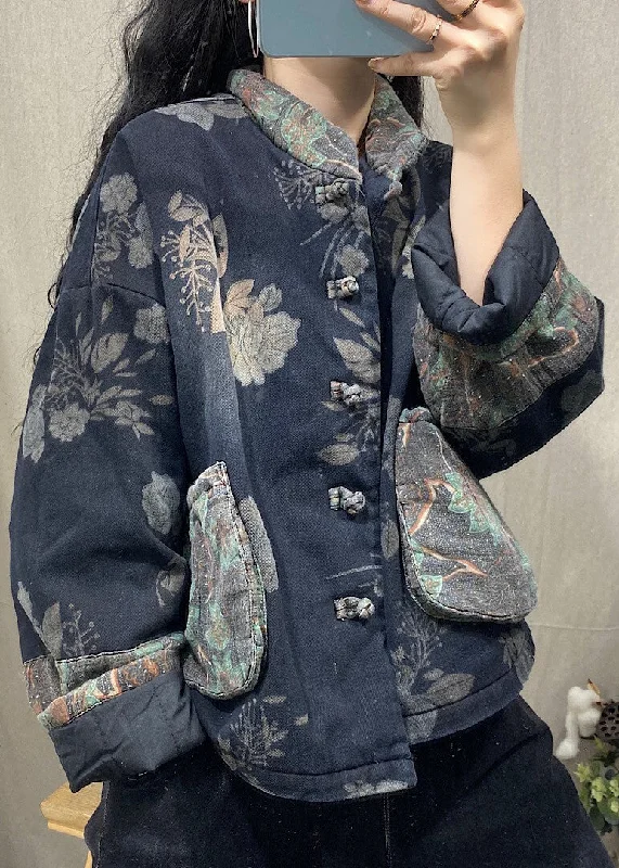 Versatile outfits to transition from day to night Vintage Black Mandarin Collar Print Fine Cotton Filled Witner Coat Versatile outfits to transition from day to night Vintage Black Mandarin Collar Print Fine Cotton Filled Witner Coat