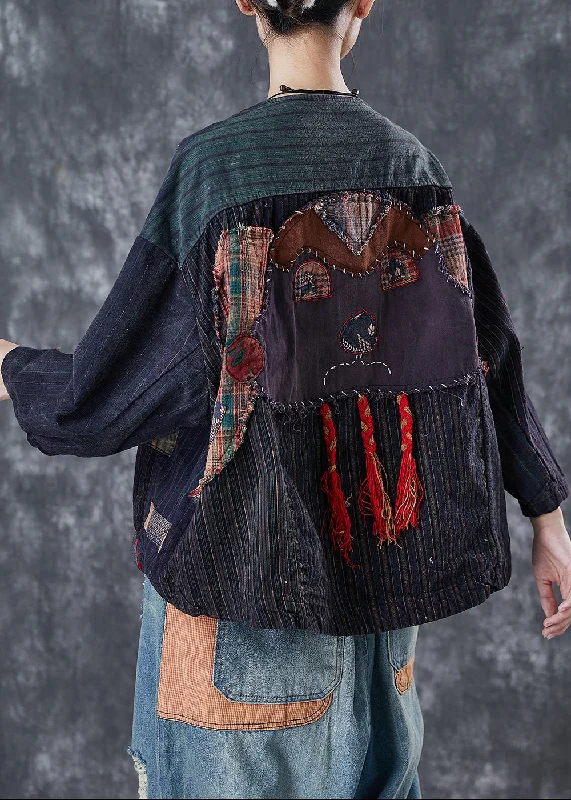 Stylish plus-size clothing for women Vintage Black Oversized Patchwork Applique Cotton Coat Outwear Spring Stylish plus-size clothing for women Vintage Black Oversized Patchwork Applique Cotton Coat Outwear Spring