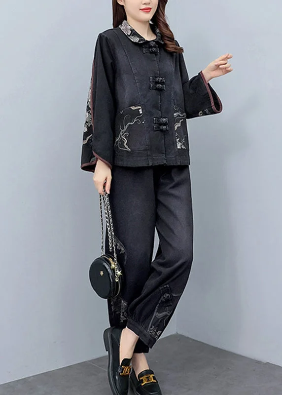 Get noticed with eye-catching women’s fashion Vintage Black Peter Pan Collar Print Denim Coats And Pants Two Pieces Set Fall Get noticed with eye-catching women’s fashion Vintage Black Peter Pan Collar Print Denim Coats And Pants Two Pieces Set Fall