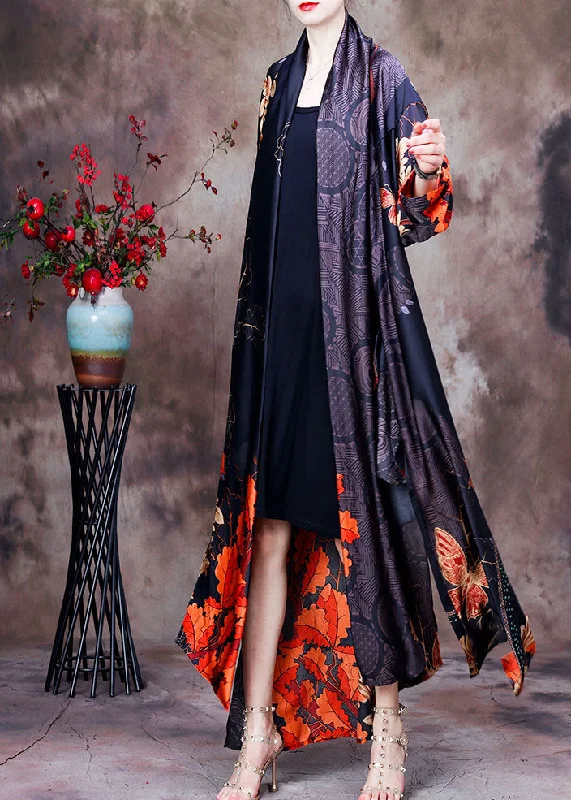 Stylish and comfortable outfits for women Vintage Black Print Bow Collar Side Open Silk Long Cardigan Long Sleeve Stylish and comfortable outfits for women Vintage Black Print Bow Collar Side Open Silk Long Cardigan Long Sleeve