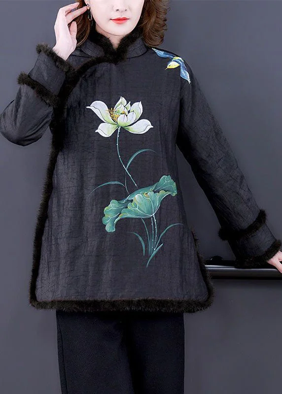 Sleek and sophisticated fashion for modern women Vintage Black Print Fur Collar Fine Cotton Filled Warm Coats Winter Sleek and sophisticated fashion for modern women Vintage Black Print Fur Collar Fine Cotton Filled Warm Coats Winter