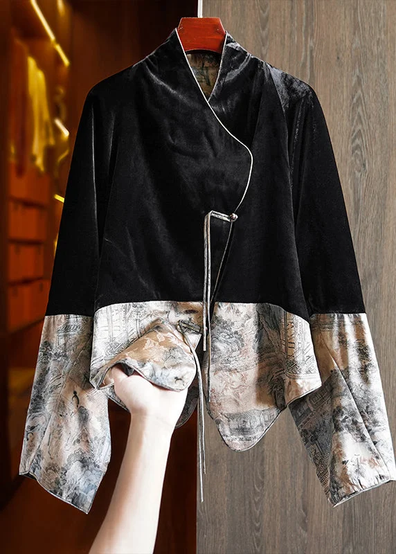 Luxurious fabrics and modern designs for women Vintage Black Tasseled Print Patchwork Silk Velour Coats Fall Luxurious fabrics and modern designs for women Vintage Black Tasseled Print Patchwork Silk Velour Coats Fall