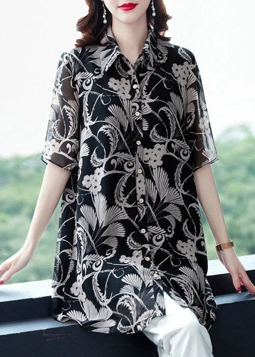 Uncover unique pieces for your perfect wardrobe Vintage Black Turn-down Collar Print Draping Chiffon Long Shirt For Women Half Sleeve Uncover unique pieces for your perfect wardrobe Vintage Black Turn-down Collar Print Draping Chiffon Long Shirt For Women Half Sleeve