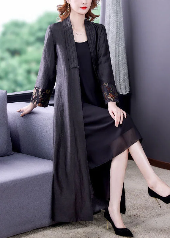 Create a timeless wardrobe with fashionable pieces Vintage Black V Neck Patchwork Side Open Silk Trench Coats Fall Create a timeless wardrobe with fashionable pieces Vintage Black V Neck Patchwork Side Open Silk Trench Coats Fall