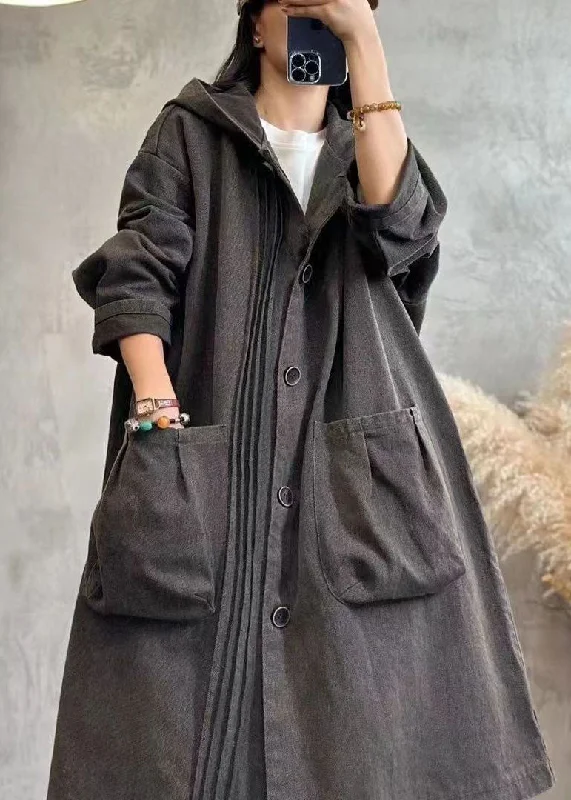 Comfortable yet fashionable women’s wear Vintage Black Wrinkled Patchwork Button Hooded Denim Trench Coats Long Sleeve Comfortable yet fashionable women’s wear Vintage Black Wrinkled Patchwork Button Hooded Denim Trench Coats Long Sleeve