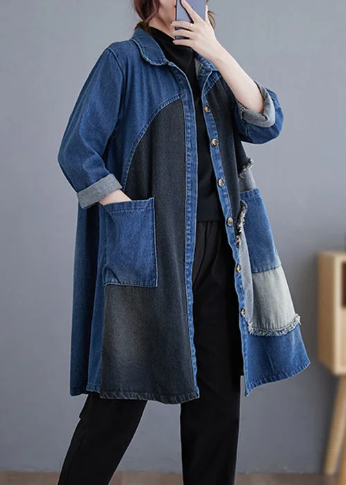 Feminine fashion to express your unique style   Vintage Blue Button Pockets Patchwork Denim Trench Coat Fall