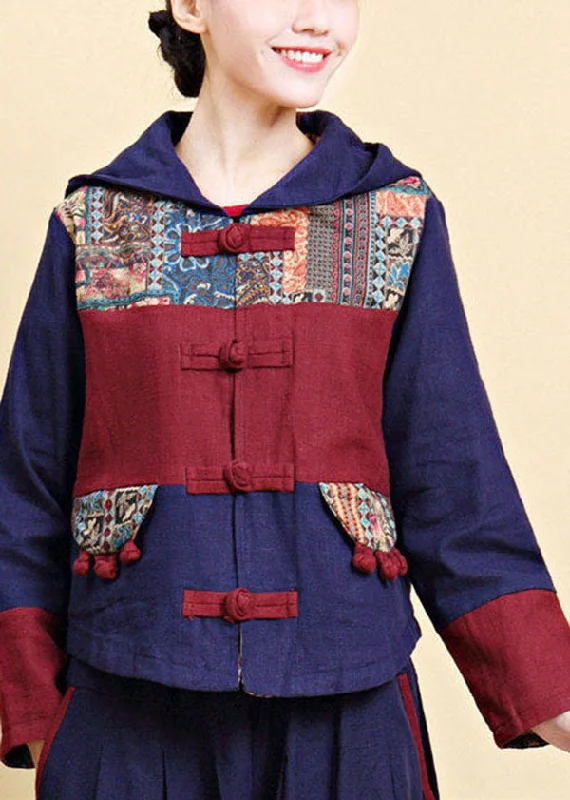 Chic and comfortable clothing for busy women Vintage Blue Hooded Patchwork Oriental Button Linen Jacket Fall Chic and comfortable clothing for busy women Vintage Blue Hooded Patchwork Oriental Button Linen Jacket Fall