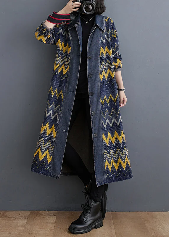 A perfect wardrobe for fashionable women Vintage Blue Peter Pan Collar Print Button Denim Long Trench Coat Fall A perfect wardrobe for fashionable women Vintage Blue Peter Pan Collar Print Button Denim Long Trench Coat Fall