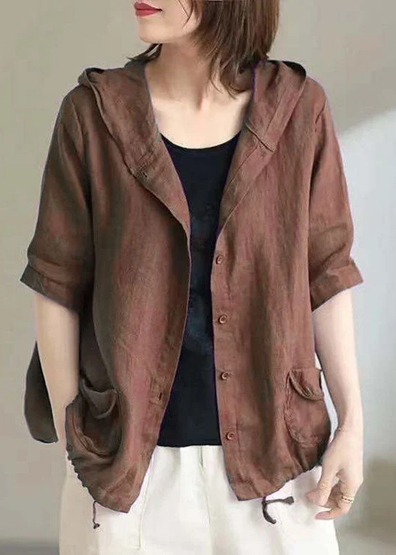 Effortlessly stylish outfits for the modern woman Vintage Coffee Hooded Pockets Cinched Button Patchwork Linen Coats Summer Effortlessly stylish outfits for the modern woman Vintage Coffee Hooded Pockets Cinched Button Patchwork Linen Coats Summer