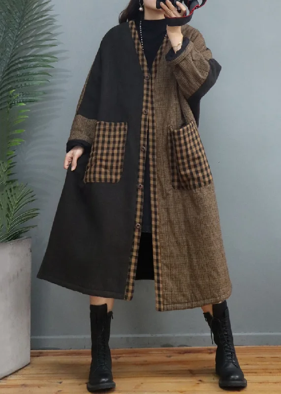 Soft, breathable fabrics for fashionable women Vintage Coffee Plaid Pockets Patchwork Thick Long Coat Fall Soft, breathable fabrics for fashionable women Vintage Coffee Plaid Pockets Patchwork Thick Long Coat Fall