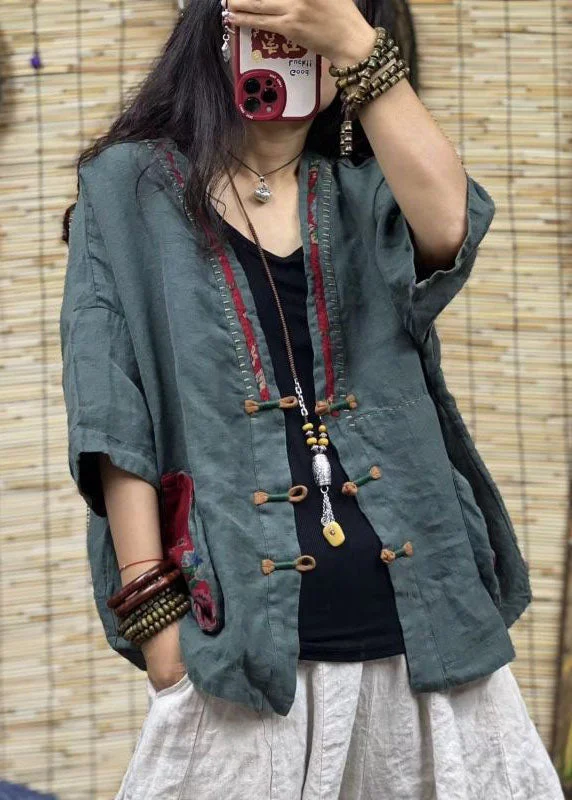 Express your style with fashionable women’s clothing Vintage Green V Neck Pockets Chinese Button Patchwork Linen Coats Summer Express your style with fashionable women’s clothing Vintage Green V Neck Pockets Chinese Button Patchwork Linen Coats Summer