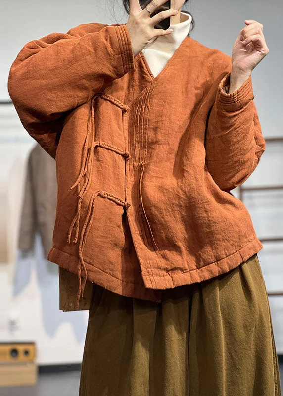 Bold, confident, and stylish women’s clothing Vintage Orange V Neck Solid Wrinkled Fine Cotton Filled Winter Coats Bold, confident, and stylish women’s clothing Vintage Orange V Neck Solid Wrinkled Fine Cotton Filled Winter Coats