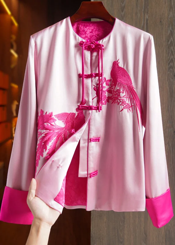 Soft, breathable fabrics for fashionable women   Vintage Pink Tasseled Embroideried Patchwork Silk Coat Fall