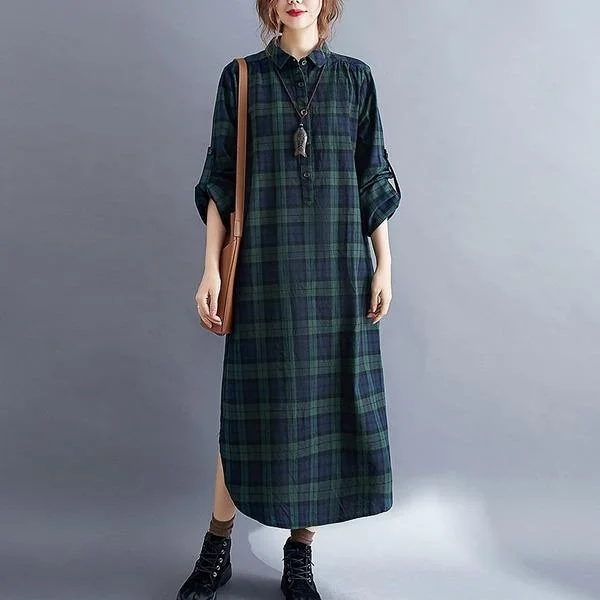 Casual outfits that elevate your style Vintage Plaid Turn-down Collar Loose Female Cotton Linen Long Dresses Casual outfits that elevate your style Vintage Plaid Turn-down Collar Loose Female Cotton Linen Long Dresses