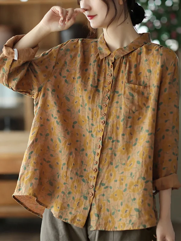 Fashionable clothing that fits every occasion Vintage Printed Linen Shirt Turn-down Collar Top Fashionable clothing that fits every occasion Vintage Printed Linen Shirt Turn-down Collar Top