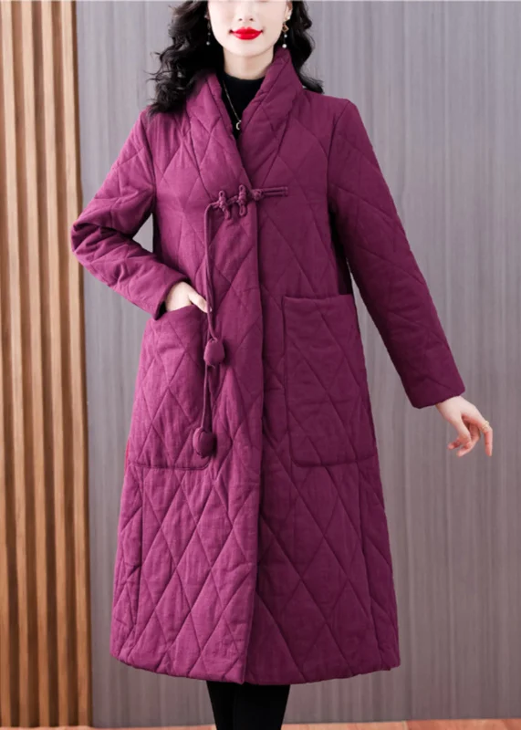 Stylish plus-size clothing for women Vintage Purple V Neck Pockets Chinese Button Fine Cotton Filled Coat Winter Stylish plus-size clothing for women Vintage Purple V Neck Pockets Chinese Button Fine Cotton Filled Coat Winter
