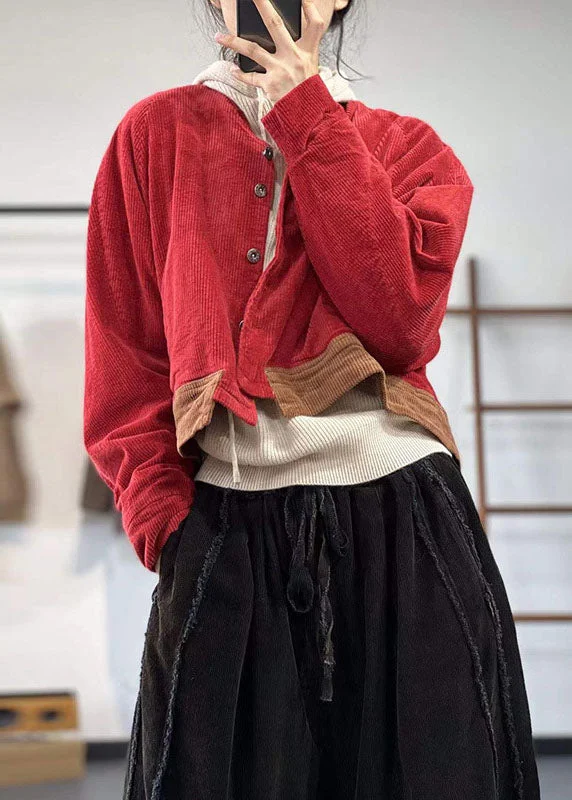 Chic, modern looks for the stylish woman   Vintage Red Oversized Patchwork Thick Corduroy Coat Winter