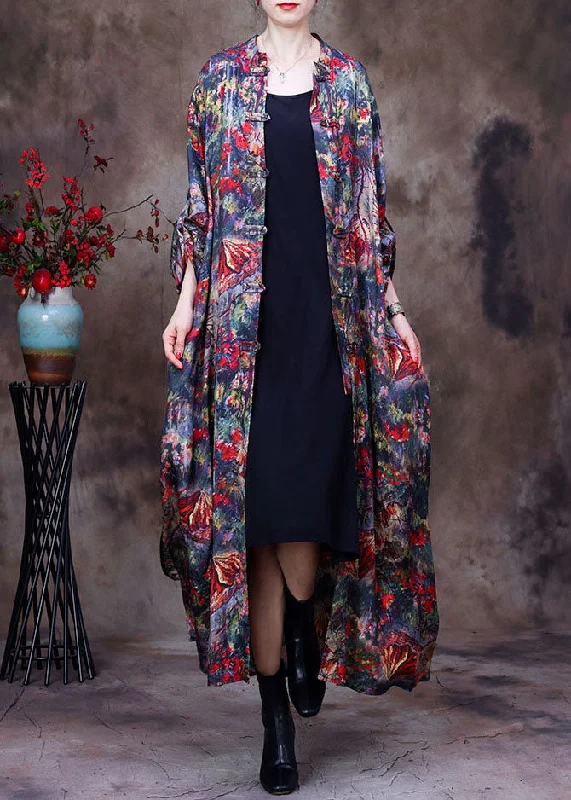 Trendy women’s clothing Vintage Red Print Oriental Button Silk Trench Coats Long Sleeve Trendy women’s clothing Vintage Red Print Oriental Button Silk Trench Coats Long Sleeve