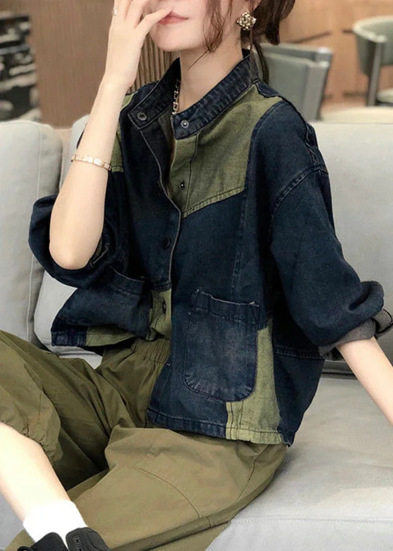 Chic and comfortable clothing for busy women Vintage Stand Collar Pockets Patchwork Denim Coats Fall Chic and comfortable clothing for busy women Vintage Stand Collar Pockets Patchwork Denim Coats Fall